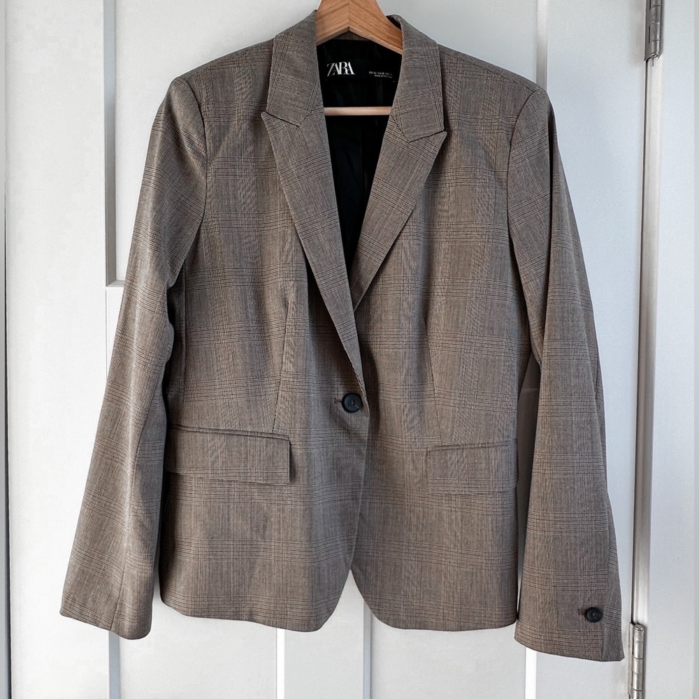 Zara Basic Plaid Brown Blazer Tailored Jacket One Button Size 10 US